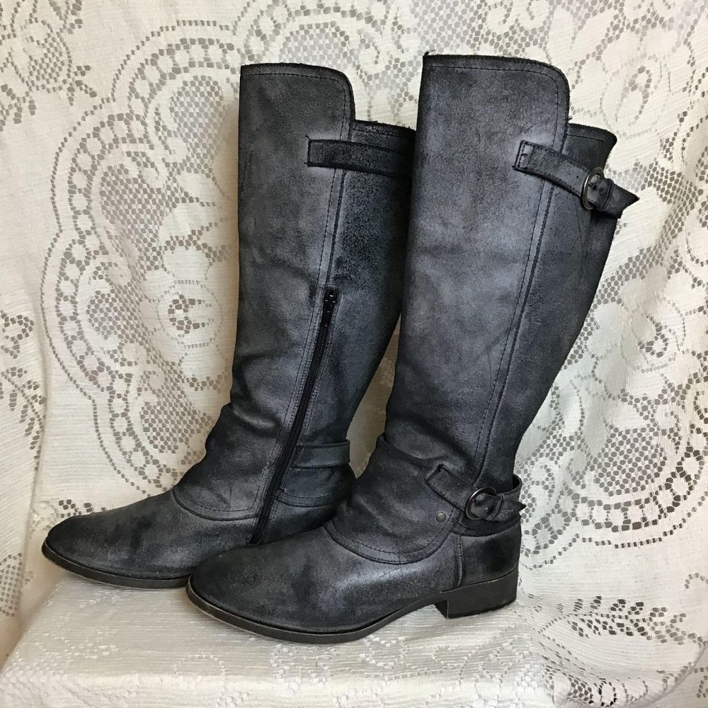 Faux Leather Distressed Knee Hi Flat Riding Boots